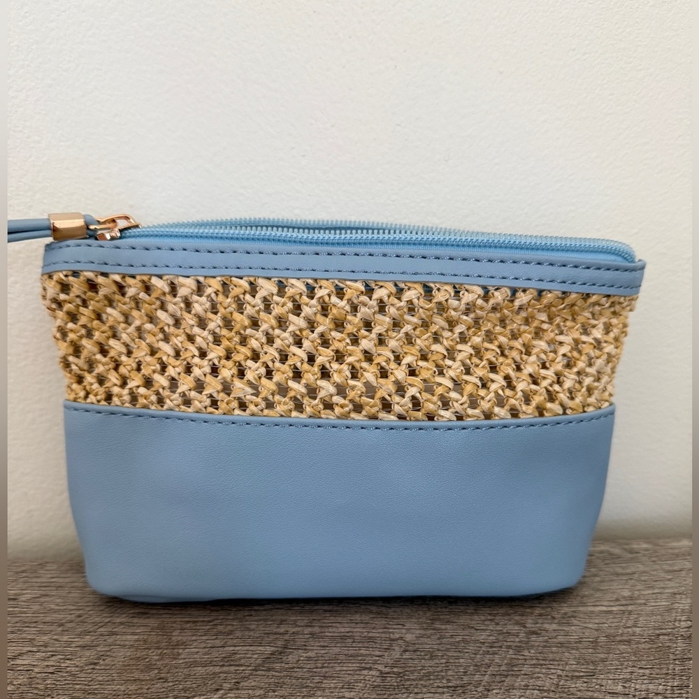 Blue and Tan Woven Women's pouch with beauty products